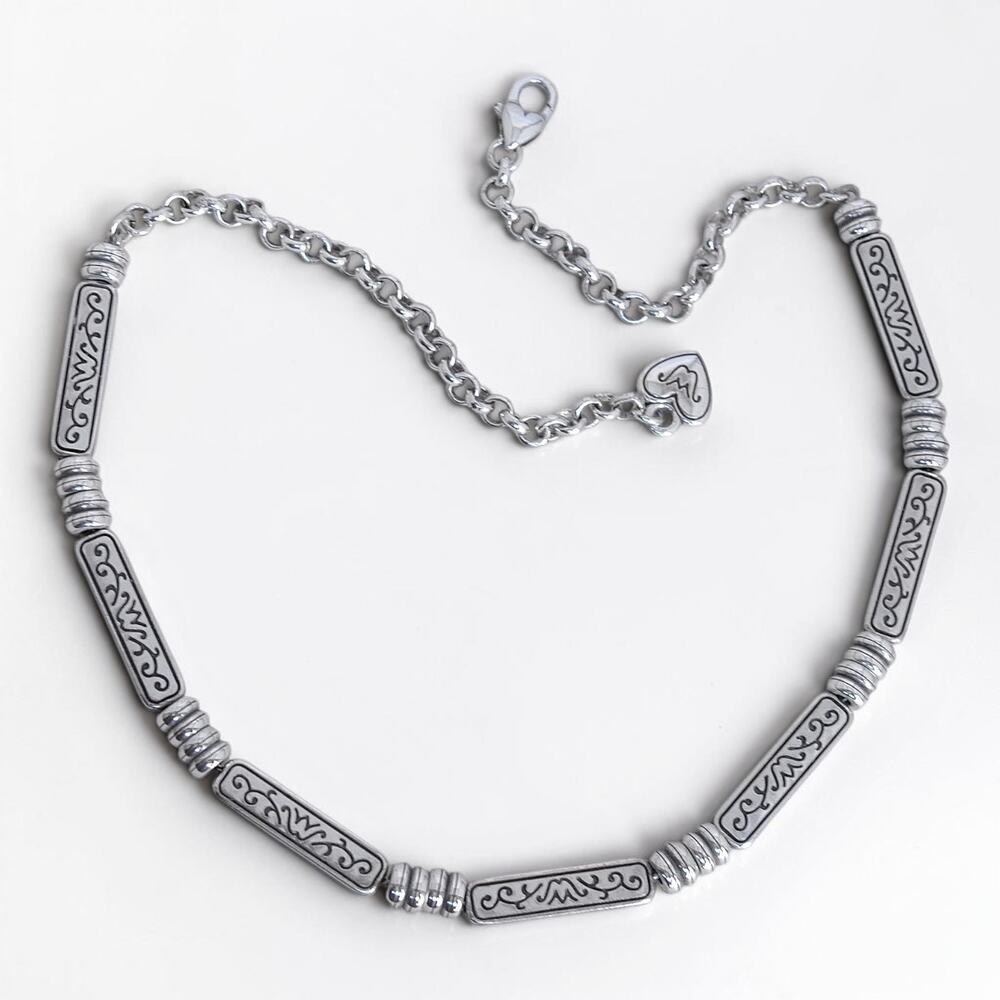Vintage Brighton Etched Bar Beaded Chain Necklace Silver Plated Retired 17 Inch